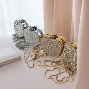 Mini Evening Bag Full Rhinestone Heart Shape Luxury Crystal Clutch With Detachable Metal Chain For Party Wedding Women