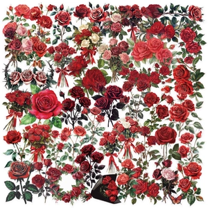 Vintage Red Rose Transparent PET Stickers Waterproof Floral Decorative Decals For Scrapbooking Journal Laptop Guitar