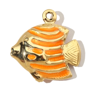 Detail of tropical angelfish pendant in gold finish with orange enamel stripes
