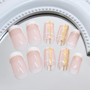 French tip press-on nails with gold glitter grid lines and nude pink base, 24 pieces set