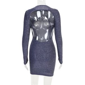 Detail showing backless design and shimmering fabric of the slim fit long sleeve dress