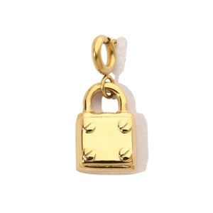 Polished gold padlock pendant featuring decorative screws and a round hanging ring