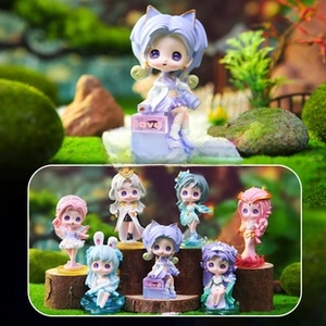 Detailed close-up of a 7-piece fantasy doll set with animal ears in a forest setting