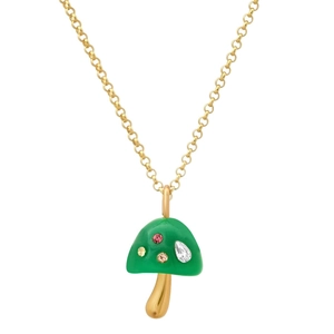 Detail of mushroom pendant with green enamel and multi-colored rhinestones on gold chain