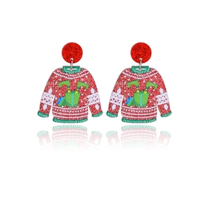 Detail showing red and green Christmas ugly sweater acrylic earrings with glitter