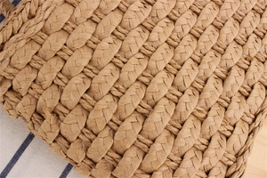 Macro shot of light brown paper rope woven texture on a stylish summer beach handbag