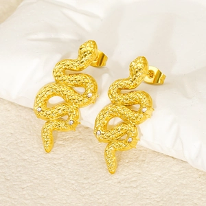 Golden snake-shaped stud earrings with zircon stones and fine textured scales