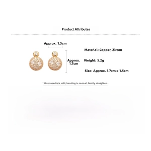 Detail showing gold plated round zircon earrings with silver needles and size dimensions