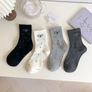Women Cotton Crew Socks Bow Polka Dot Lettuce Edge Breathable Japanese Style Soft Sweet