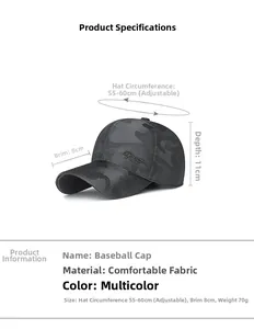 Detailed size specifications for grey camouflage baseball cap with Sport embroidery