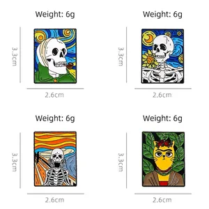 Artistic enamel pins featuring Van Gogh Starry Night and The Scream skeletons 3.3cm size
