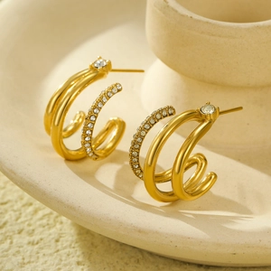 Geometric triple-layered 18K gold-plated hoop earrings with micro-paved cubic zirconia