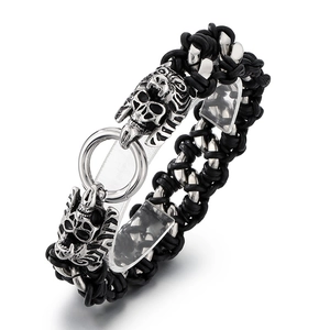 Mens punk woven leather bracelet with stainless steel dragon head and skull charms