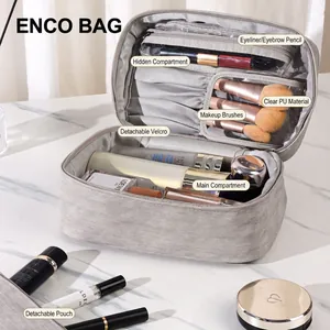 Grey textured multi-layer makeup bag with brush slots and transparent PU compartments