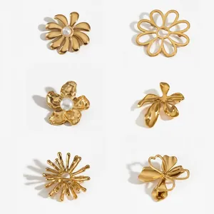 Size chart showing dimensions and weight for six styles of gold geometric flower brooches