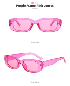 Detail view of pink rectangular sunglasses with translucent frames and matching lenses