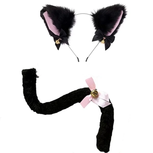 Cosplay set featuring black plush cat ears with pink inner lining and a matching long tail