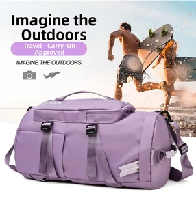 Detail view of large purple travel bag with waterproof fabric and carry-on compartments