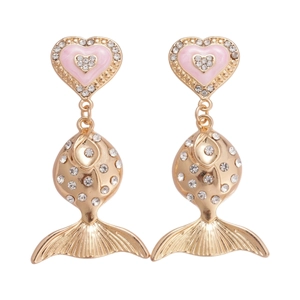 Golden heart and fish drop earrings with pink enamel and sparkling crystals on white background