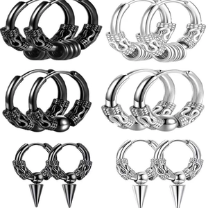 Punk style dragon pattern stainless steel hoop earrings set in black and silver colors