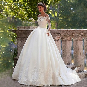 Elegant Off Shoulder Wedding Dress Long Lace Sleeves Satin Ball Gown Bridal Gown With Rhinestone Belt Drag Tail For Women