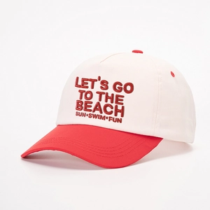 Classic white and red two-tone cotton baseball cap with Let's Go To The Beach embroidery