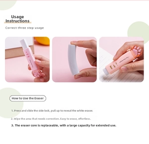 Detail of pink cat paw retractable eraser with sliding lock and refillable core