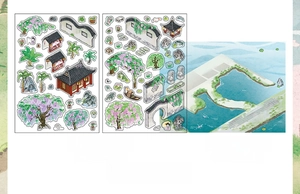 Détail des autocollants PET avec pavillon chinois et décor de jardin traditionnel