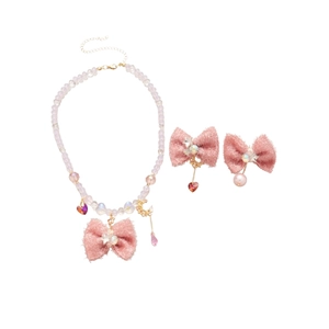 Pink ribbon bow jewelry set with pearl beaded necklace and matching hair clips for girls