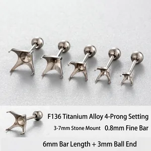 F136 Titanium Alloy Stud Earring Post Four Prong Empty Setting Screw Back Ball Ear Bone Piercing DIY Jewelry Accessory