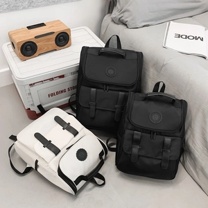 Minimalist nylon casual backpack with leather buckles in black and white styles