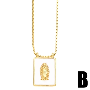Gold box chain necklace with a rectangular white enamel Virgin Mary pendant