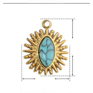 Detailed size parameters of gold vintage sunflower pendant with blue natural stone inlay