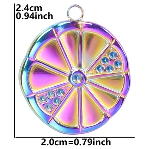 Macro shot of rainbow-plated lemon pendant with blue rhinestones and size measurements