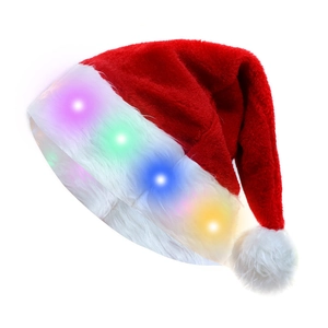 Gorro de Papá Noel de felpa roja con luces LED de colores para fiestas navideñas