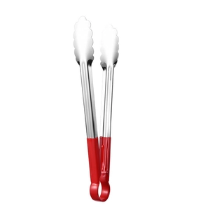 Stainless steel food tongs with red silicone handles for BBQ and kitchen use