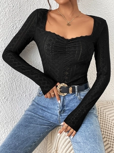 Women's T-Shirt Square Neck Long Sleeve Hollow Out Eyelet Lace Slim Fit Solid Black Elegant Casual Top