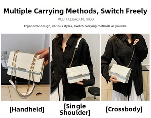 Detailed views of white quilted crossbody bag with gold chain strap and multiple carry ways