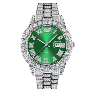 Hip hop men's quartz watch with full iced-out crystals and green sunray dial