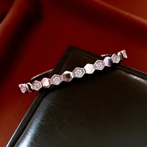 Geometric Hexagon Honeycomb Bracelet Copper With Zircon Micro Pave Silver Tone Minimalist Luxury Bangle For Women