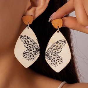 Retro Wood Teardrop Drop Earrings With 925 Sterling Silver Earring Post Butterfly Wing Print Vacation Jewelry For Women