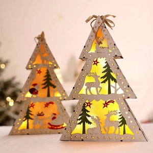 Wooden Christmas Tree LED Glowing Ornament Hollow Out Xmas Santa Snowman Reindeer Desktop Decor Holiday Atmosphere