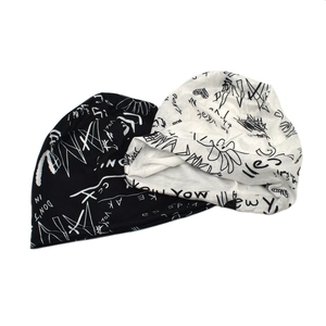 Graffiti slouchy beanie hats with street style letter print in black and white