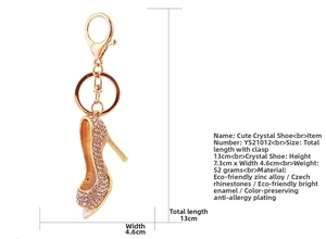 Detailed size specifications for pink rhinestone high heel keychain with dimensions and weight