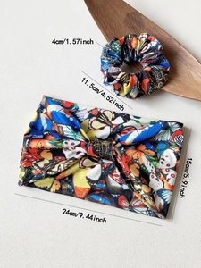 Detailed dimensions of butterfly print yoga headband and matching scrunchie set