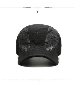 Close-up of black men's flat cap featuring breathable quick-dry mesh and dragon print