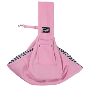 Pink pet sling bag detail showing secure metal safety hook and black-white checkered lining