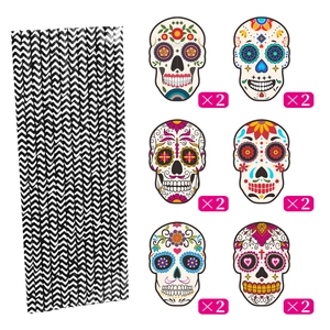 Detailed view of 12 sugar skull card inserts and black wave paper straws for Day of the Dead