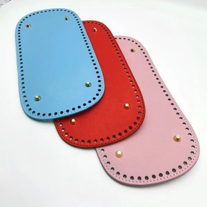 Oval PU leather crochet bag bottoms in blue, red, and pink with metal feet and pre-drilled holes
