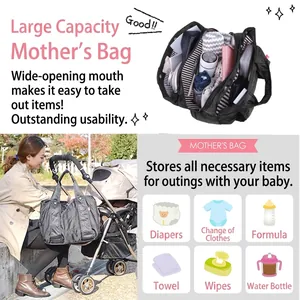 Large black quilted nylon diaper bag with multiple compartments and stroller handles